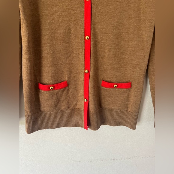 Coach Wool Tan With Red Trim Button-Up V-Neck Knit Cardigan Sweater Size Small - Picture 5 of 8